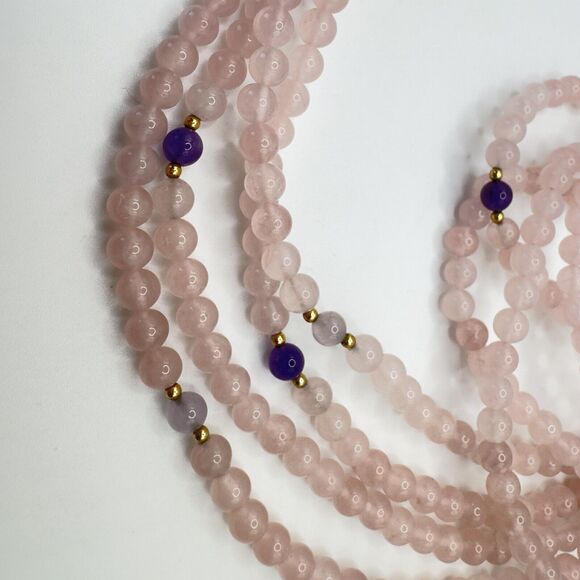 Rose Quartz Necklace with Amethyst & Gold Tone Spacer Accents 4 Strands & 24 In - Picture 7 of 9